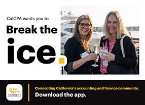 Two women smiling and holding drinks at an outdoor event, with text "CalCPA wants you to Break the Ice" and a download app prompt below.